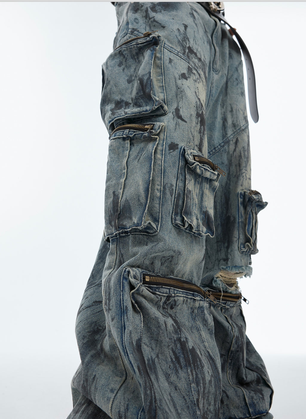 Distressed Multi-Pocket Hand-Painted Cotton Jeans