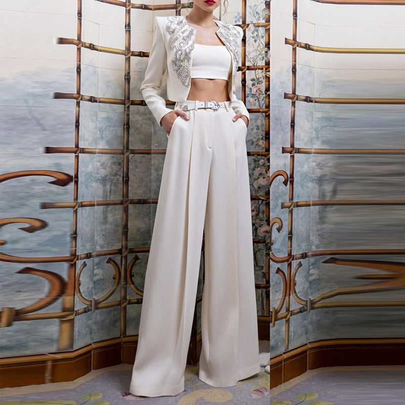 Ensemble Veste Courte Perlé Blanc & Pantalon Large Style Britannique