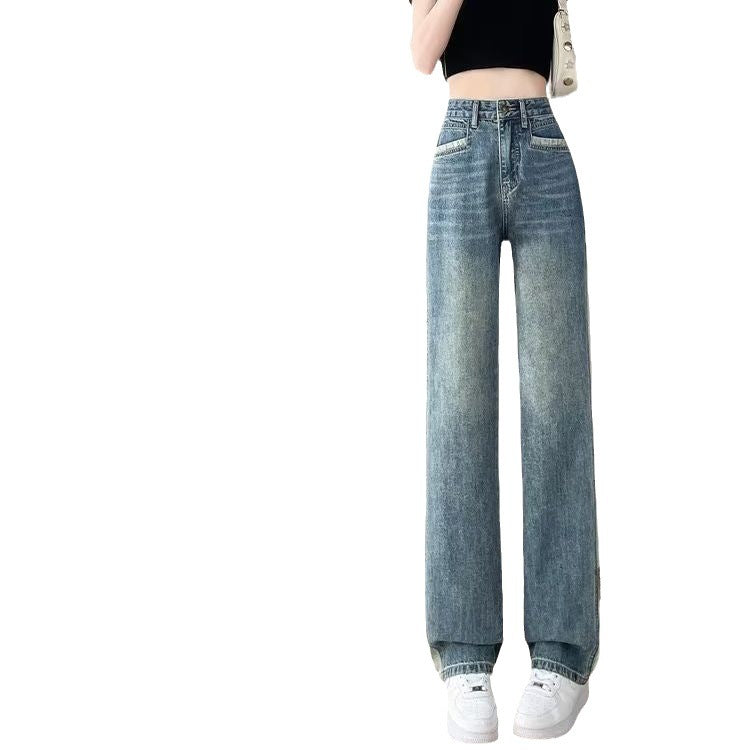 Jeans d'été en coton bleu coupe droite amples style rétro pour femme