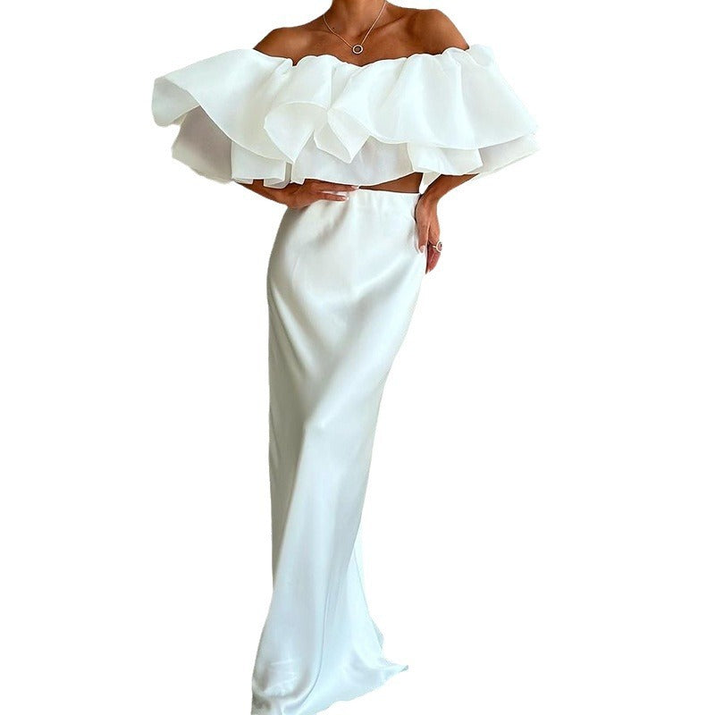 Elegant Off-Shoulder Ruffle Sleeve Top and Long Skirt Suit for Women