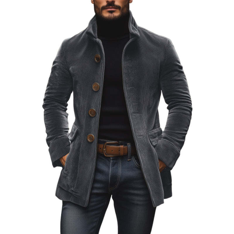 Men's Slim Fit Corduroy Winter Jacket Stand Collar Button-Up Coat