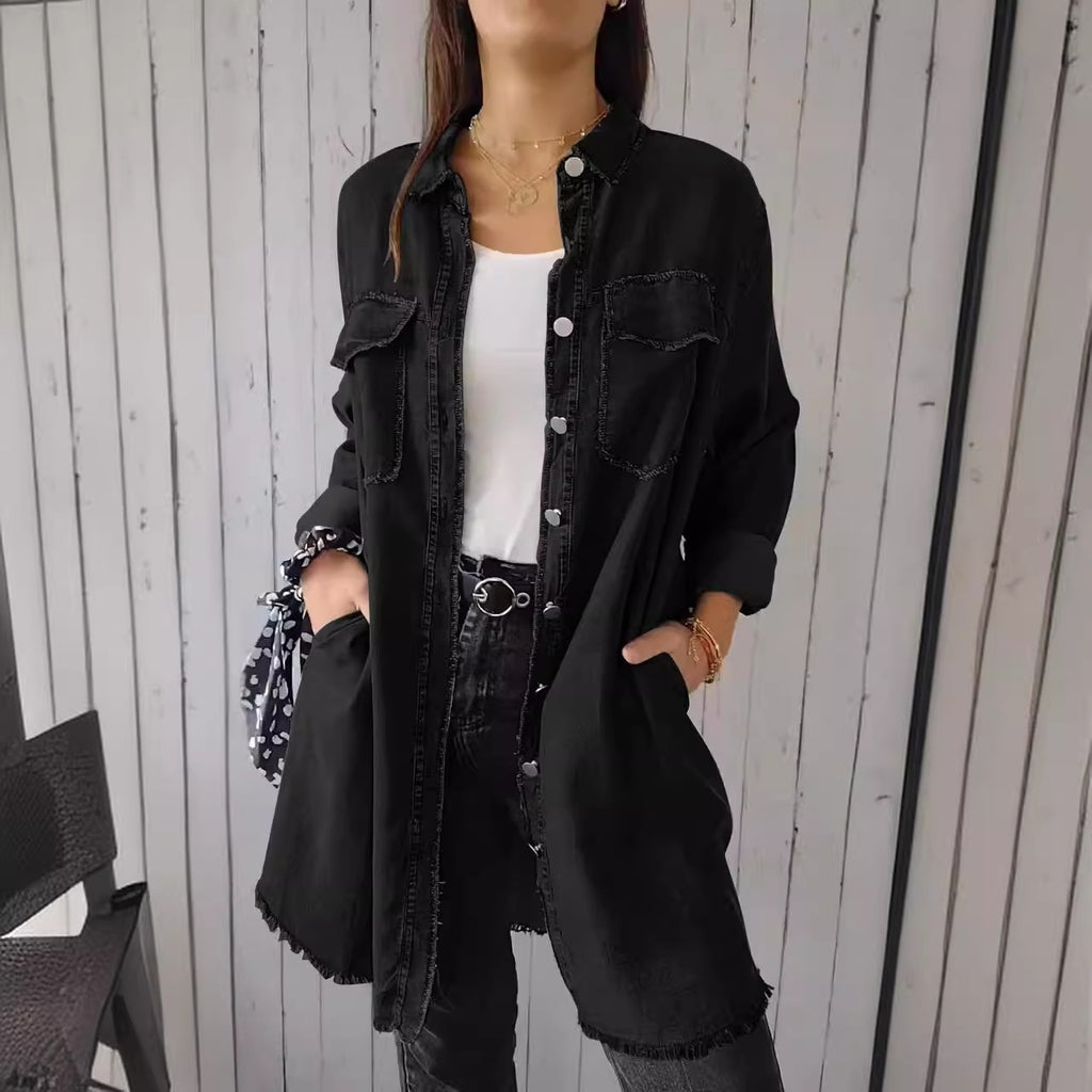 Cotton Linen Color Block Casual Long Shirt Coat