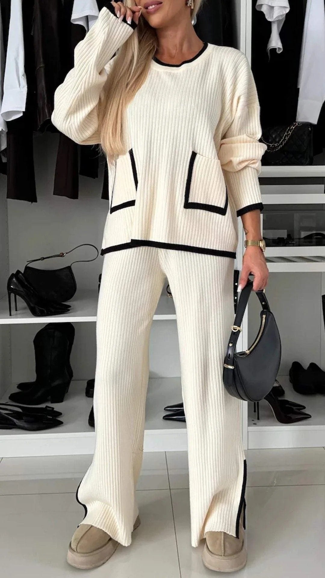 Ensemble Haut Color Block à Poches et Pantalon Large pour Femme