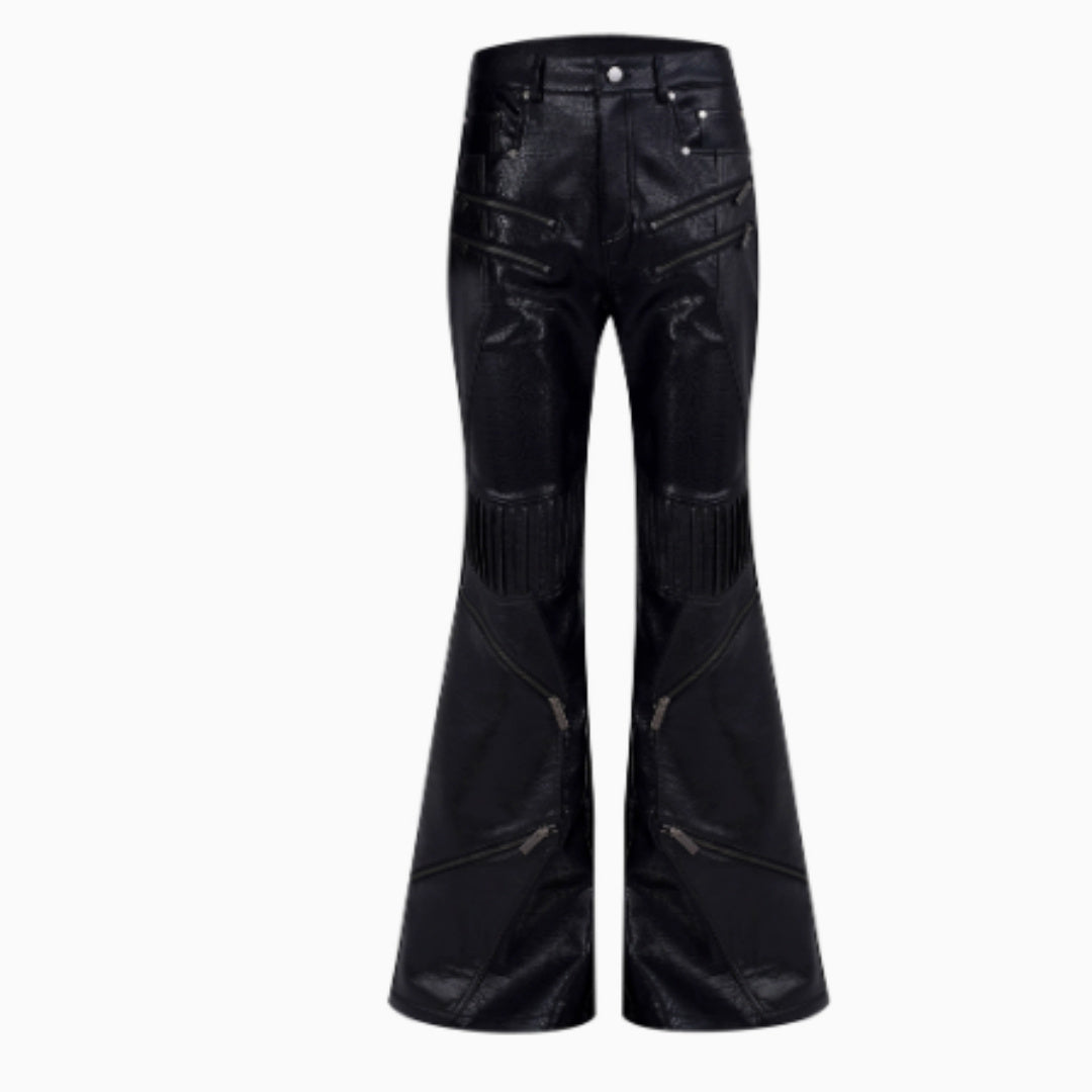 Zipper Design Micro Pull-Up Leather Pants for Men Autumn Black S-XL