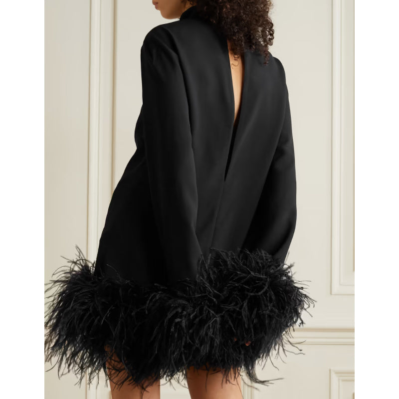 Black Turtleneck Long Sleeve Short Dress with Ostrich Feather Detail