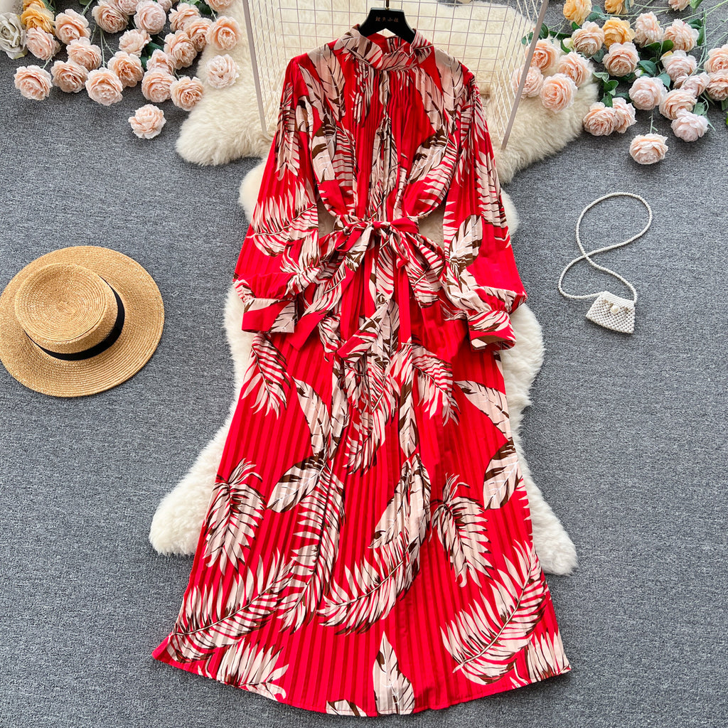 Stand Collar Long Sleeve Printed Chiffon Dress with Lace-Up Cinched Waist and Pleated Skirt