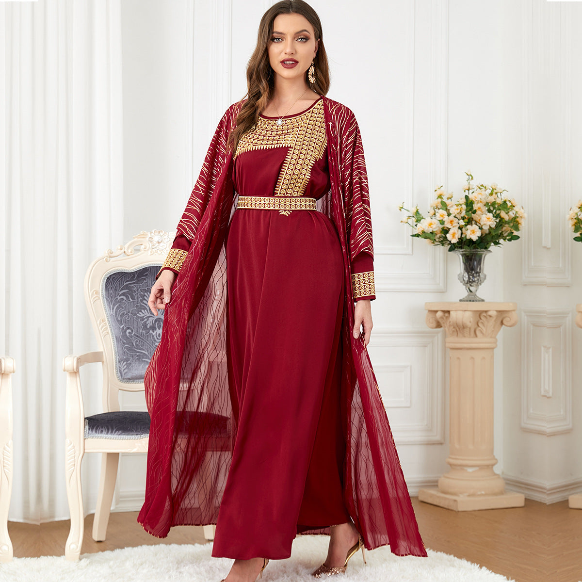 Round Neck Embroidered Gilded Long Sleeve A-Line Dress for Middle Eastern Women