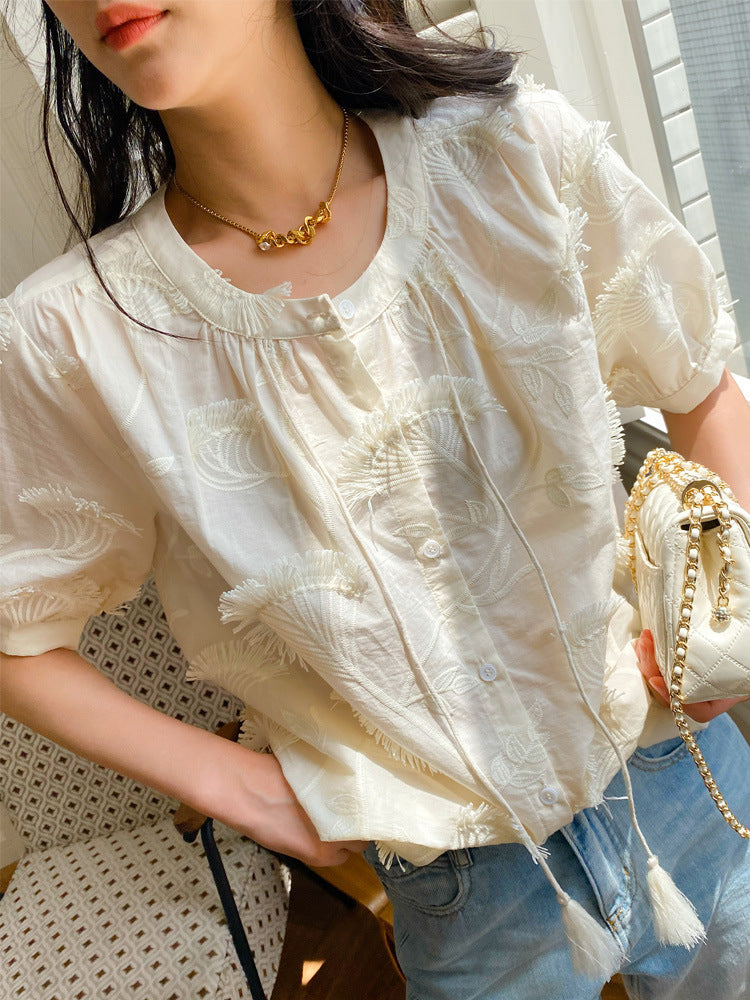 Women's Apricot Cotton Short Sleeve Embroidered Shirt French Style
