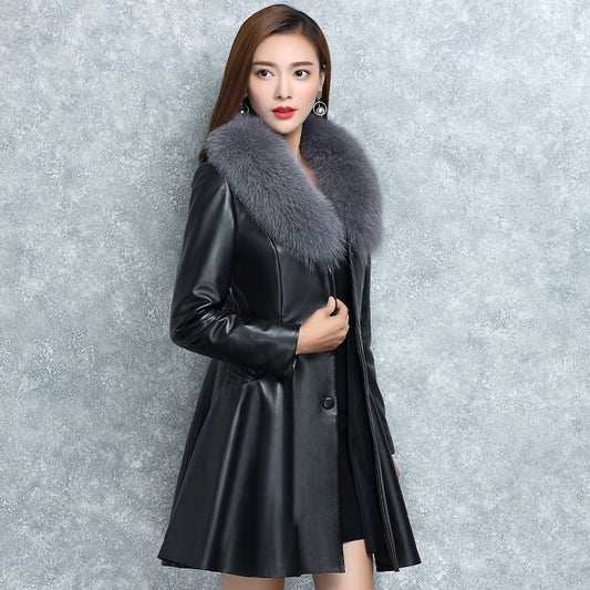 Women's Faux Fox Fur Collar Coat in Black & Red, Sizes S-XXXXL