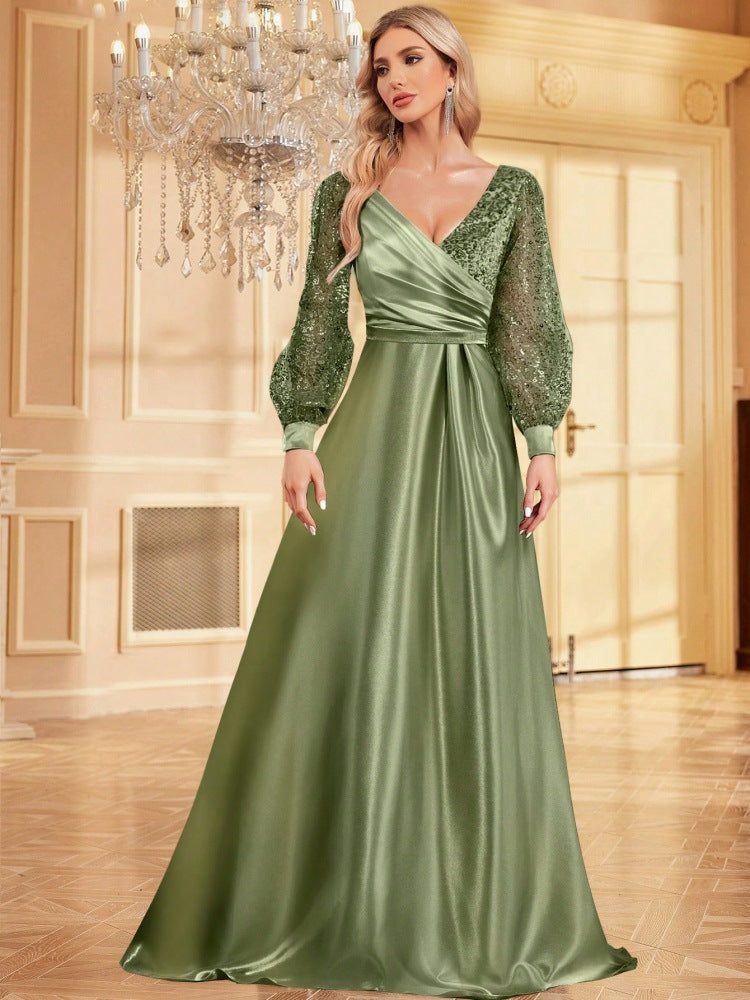 V-neck Long-sleeve Dress Slim Fishtail Sequin Banquet