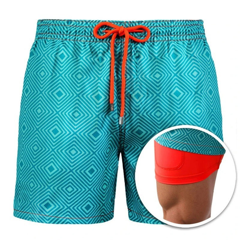 Men's Printed British Stripe Beach Shorts Double Layer Cotton Blend
