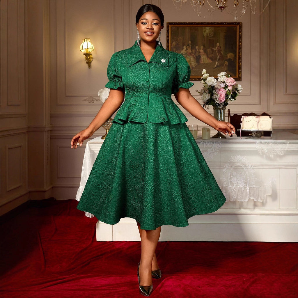Dark Green Jacquard Lapel Button Ruffled Belly-Covering Dress