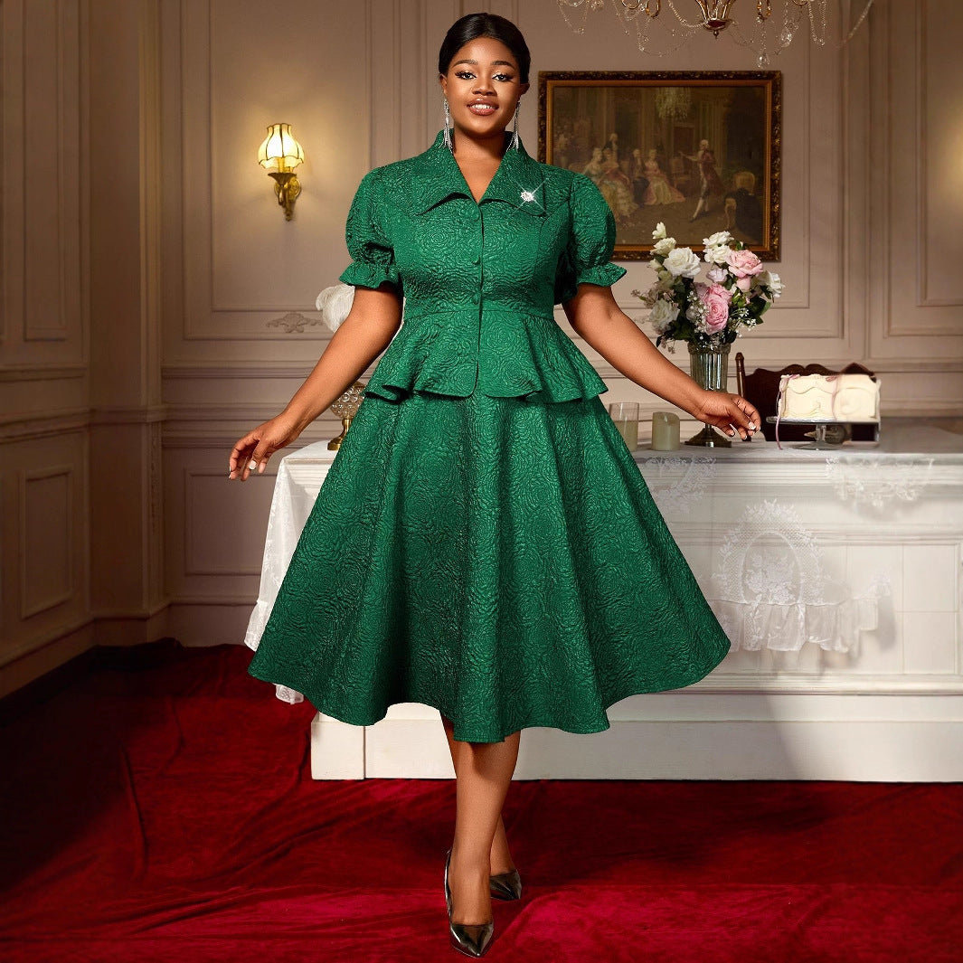 Dark Green Jacquard Lapel Button Ruffled Belly-Covering Dress
