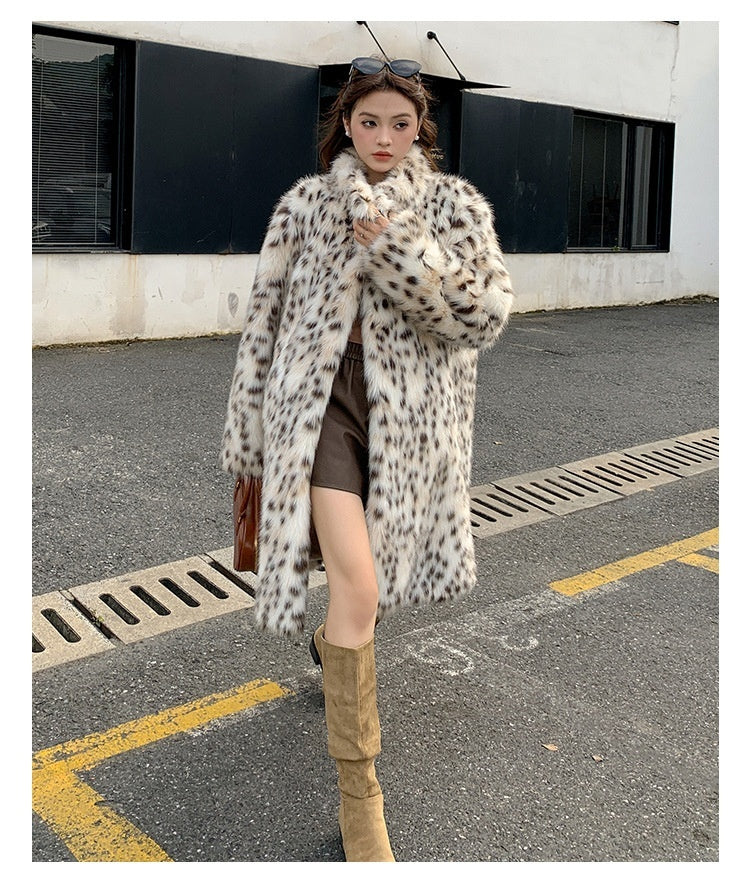 Leopard-print Fur And Lapel Fur Coat For Women