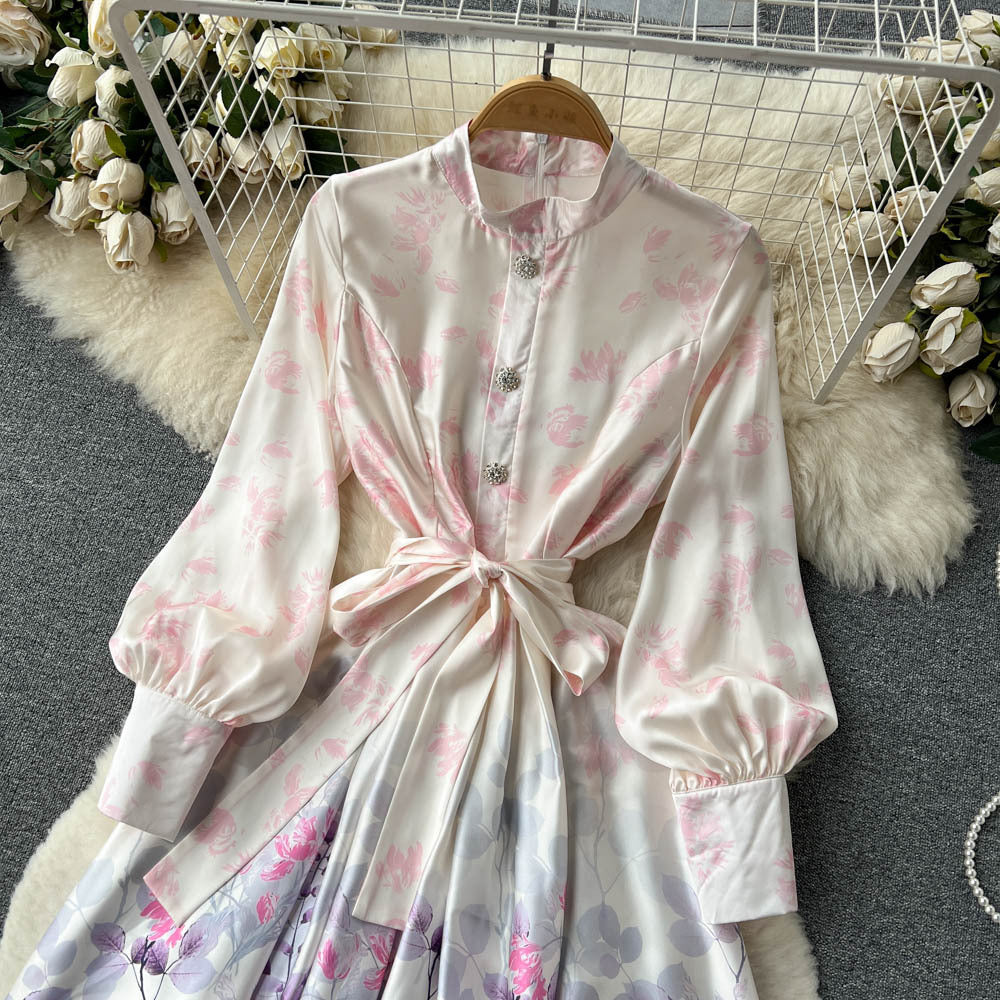 Stand Collar Stitching Floral Chiffon Dress