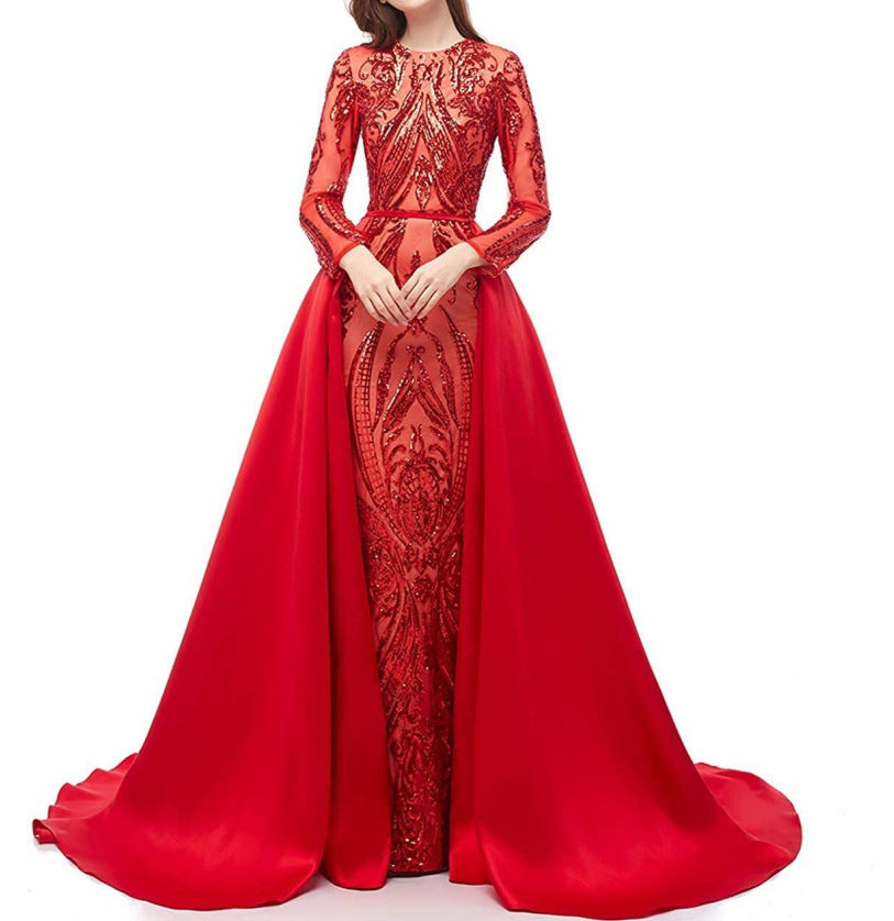Robe de soirée longue traînante à manches longues pour femmes, disponible en plusieurs couleurs