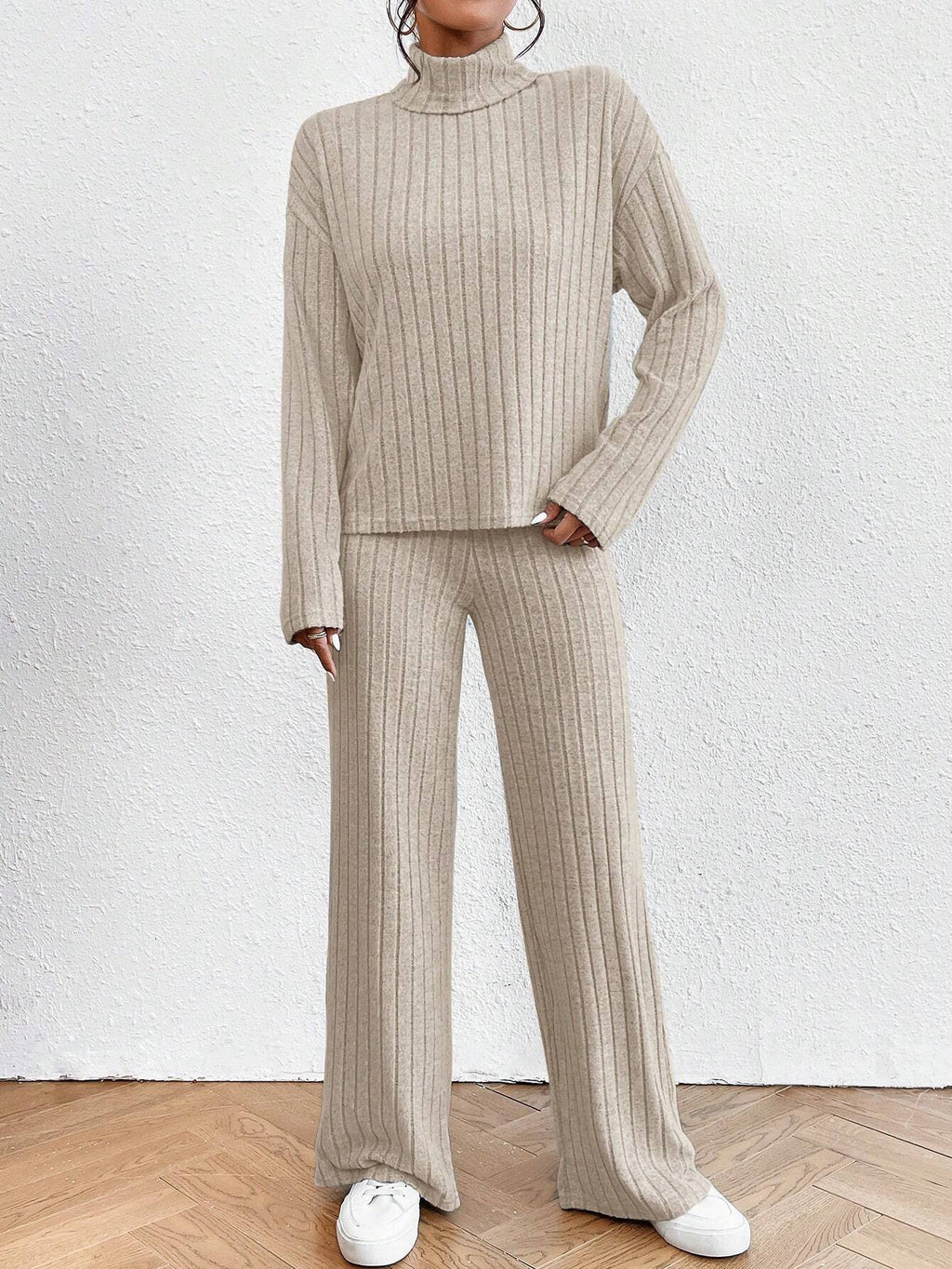 Turtleneck Long Sleeve Loose Stripe Wide Leg Pants Two-Piece Set