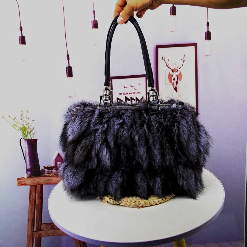 Silver Fox Fur Portable Shoulder Messenger Bag 30cm
