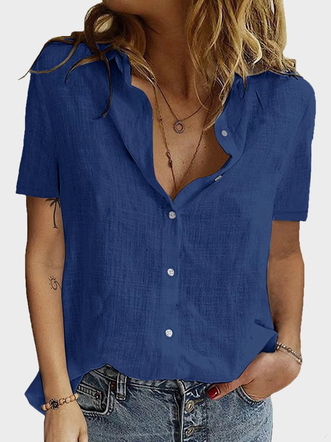 Women's Slim Fit Short Sleeve Slub Cotton Shirt