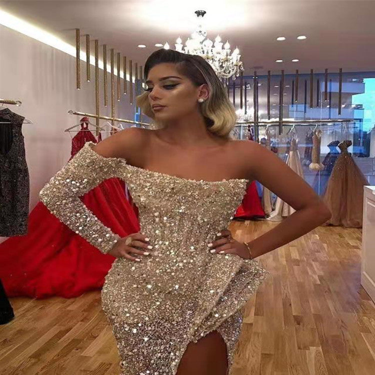 Robe longue à sequins, épaules dénudées, pour femme, en blanc et or champagne