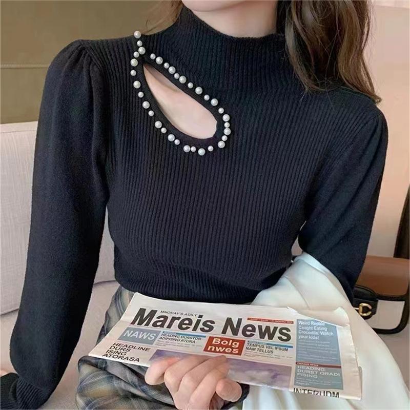 Beaded Half Turtleneck Puff Sleeve Long Sleeve Shirt