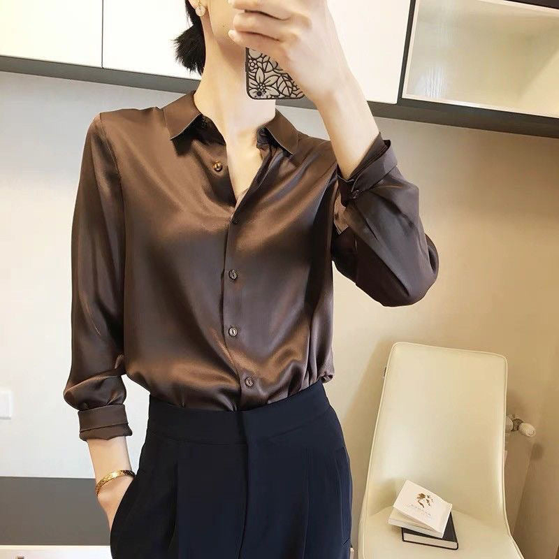 Women's Long-Sleeve Satin Shirt in Pearly White, Green, Apricot & Black