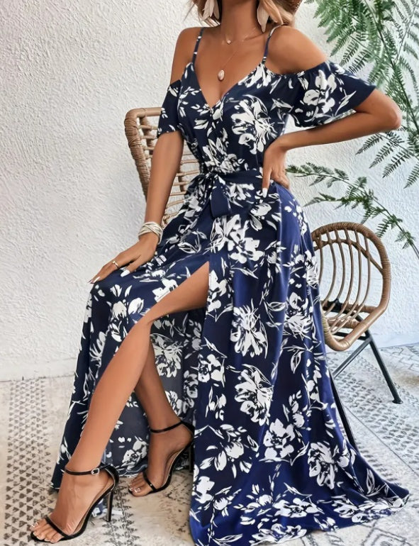 Flower Print Split Suspender Lace-Up Summer Dress for Women