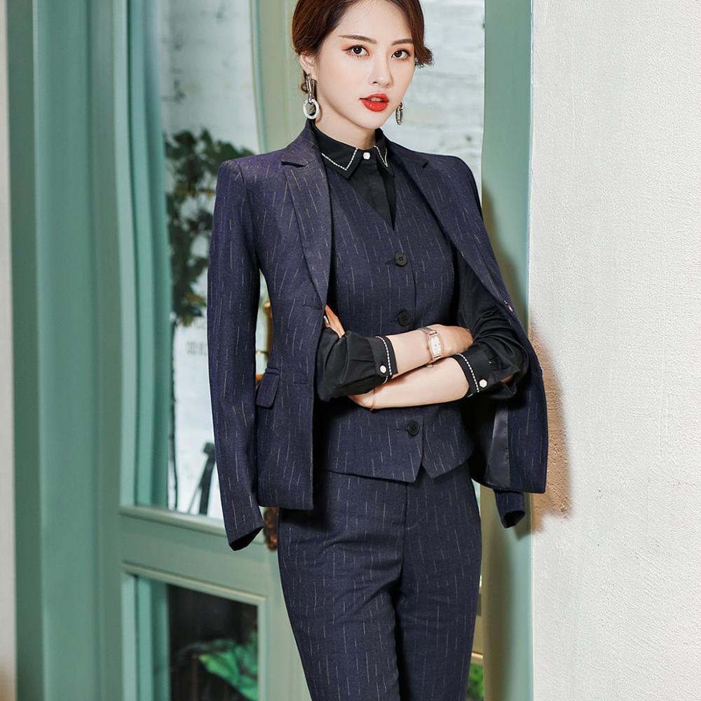 Female Blue Striped Polyester Small Suit Formal Workwear
