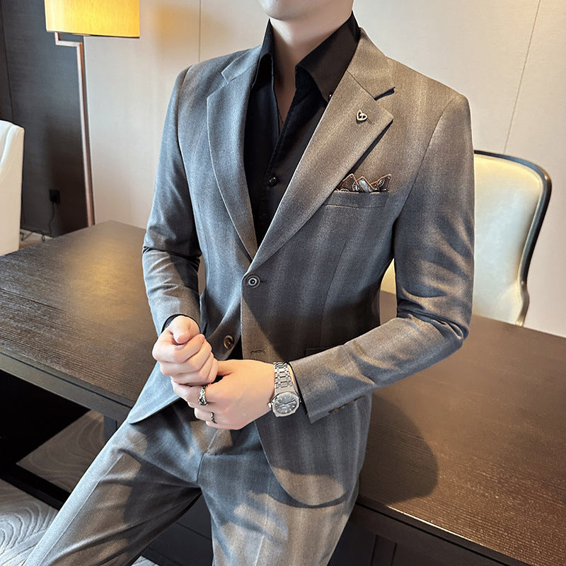 Men's Plaid Leisure Business Formal Two-Piece Suit Set in Gray and Brown