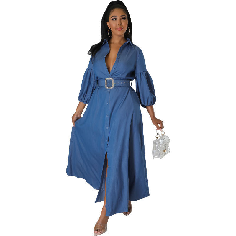 Women's Blue Denim Long Sleeve Shirt with Belt
