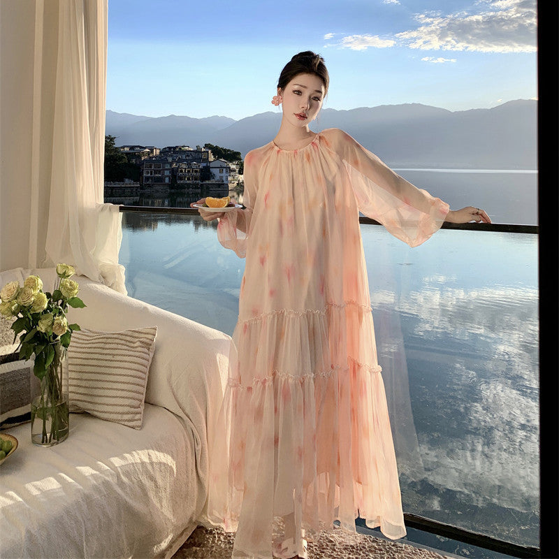 Robe trapèze en mousseline fleurie à la française pour femme