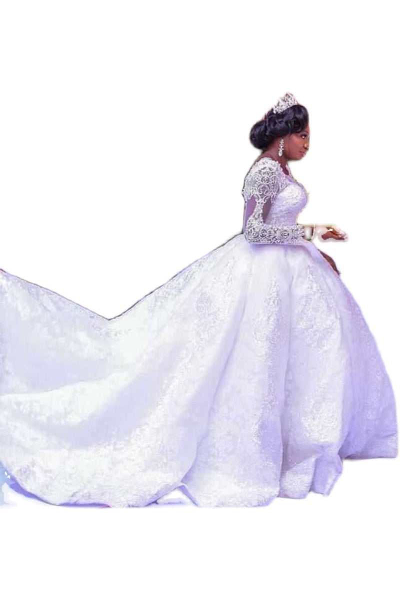 Robe de mariée, manches longues, col rond, jupe tutu, grande traîne