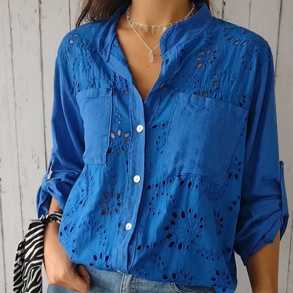 Women's Casual Long Sleeve Button-Down Shirt with Hollow-Out Pockets