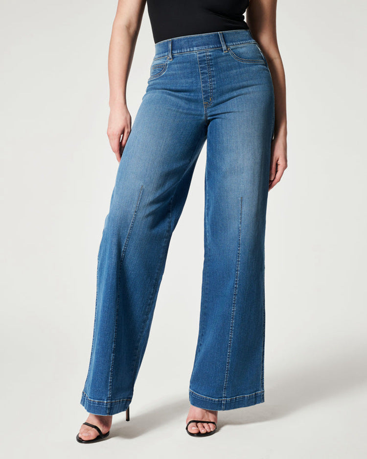 Jeans femme taille mi-haute jambe droite large avec taille haute élastique