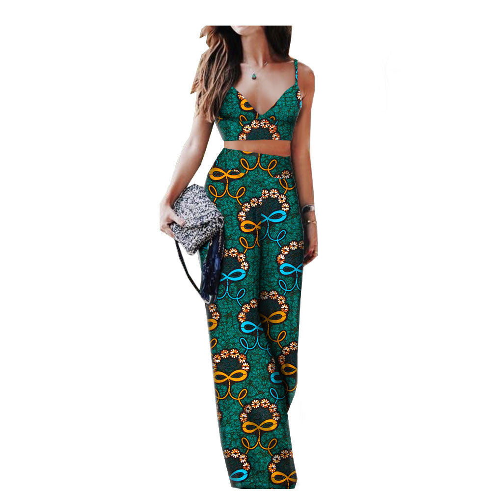 Printed Ladies Cotton Two-Piece Vest & Wide Leg Pants Suit
