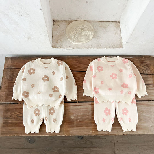 Korean Style Baby Girls' Cotton Flower Wool Sweater & Loose Trousers Set