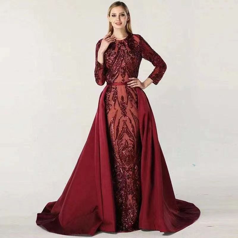 Robe de soirée longue traînante à manches longues pour femmes, disponible en plusieurs couleurs