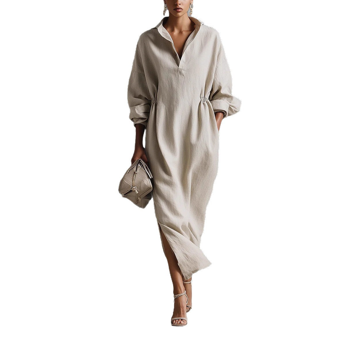 Robe maxi élégante fendue pour femme, blanc cassé, à manches longues et col à revers