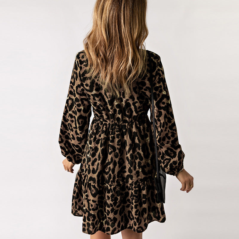 Leopard Print Long Sleeve Pullover Dress for Women