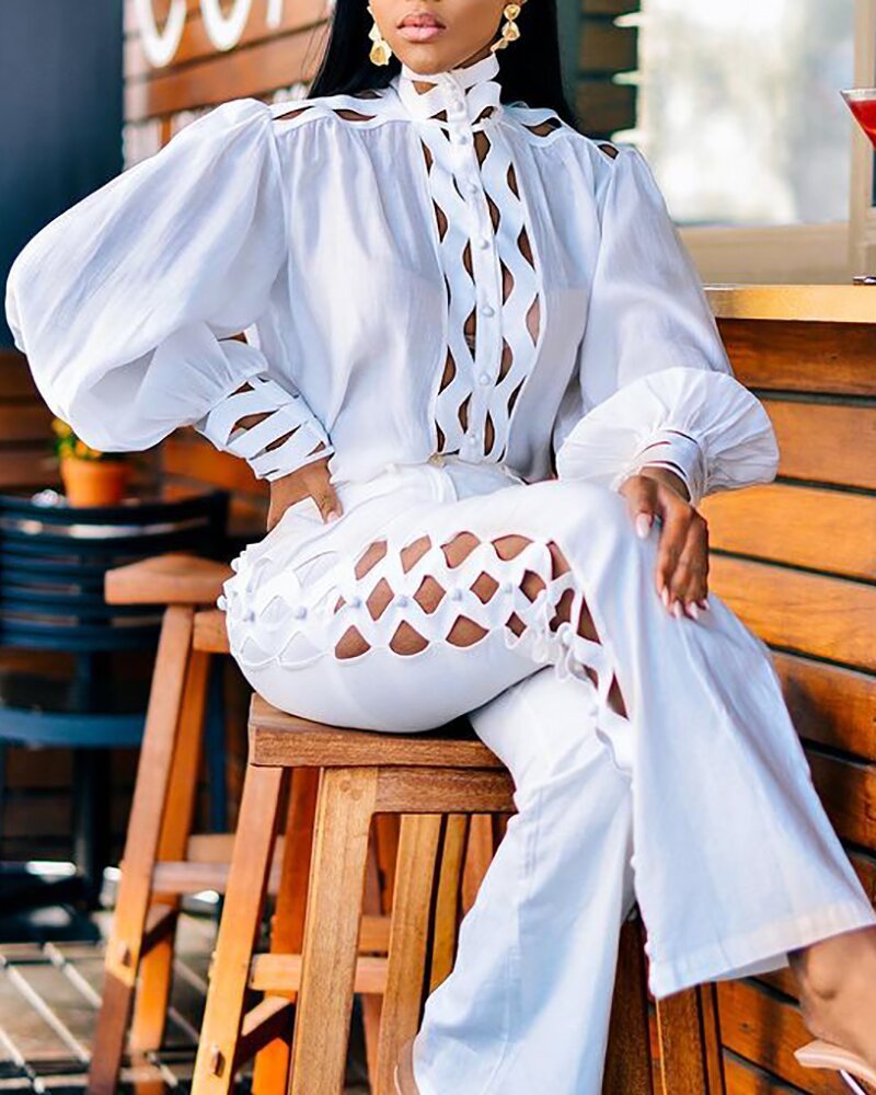 White Lace Long Sleeve Shirt and Pants Set