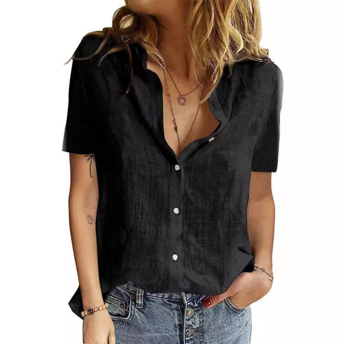 Women's Slub Cotton Short-sleeved Elegant Shirt