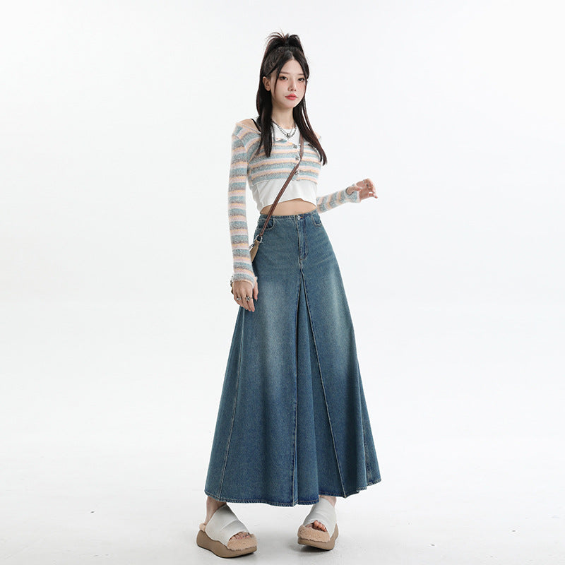 Jupe en jean trapèze mi-longue taille haute rétro style américain