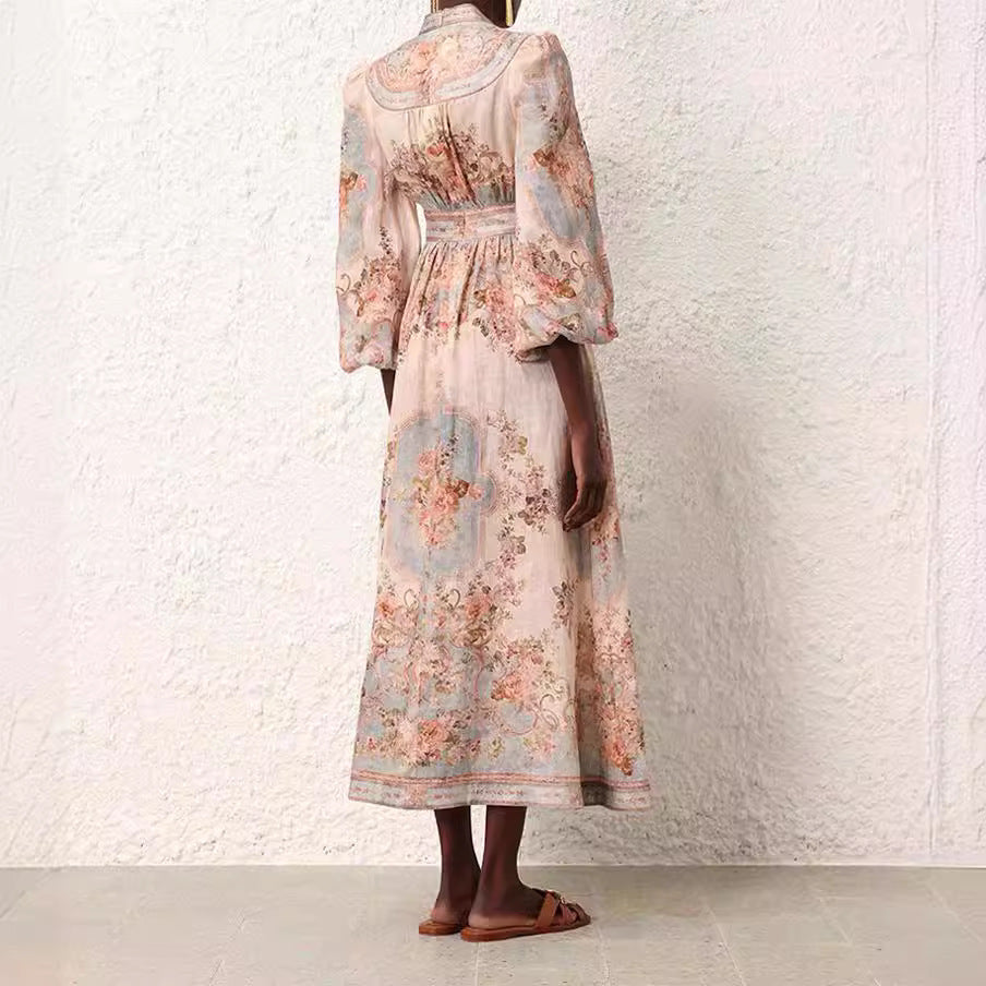 Vintage Printed Linen Single-Breasted Long Sleeve Dress in Blue, Green, Dark Blue, Pink