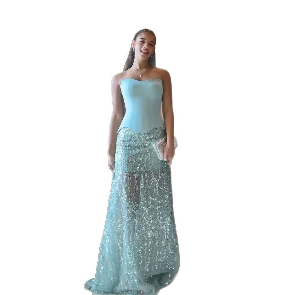 Sleeveless Off-Shoulder Glossy Tube Dress in Blue, Sizes S-XXL
