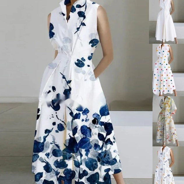 Robe mi-longue en coton à col montant, taille cintrée et imprimé poche