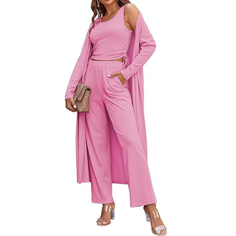 Women's Three Piece Casual Long-sleeved Cardigan Trousers Suit