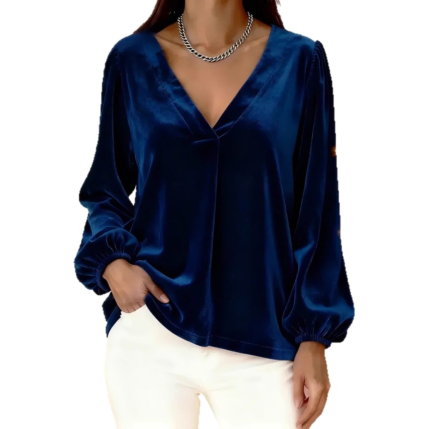 Haut pour femme en velours à col en V, élégant et luxueux, à manches lanternes
