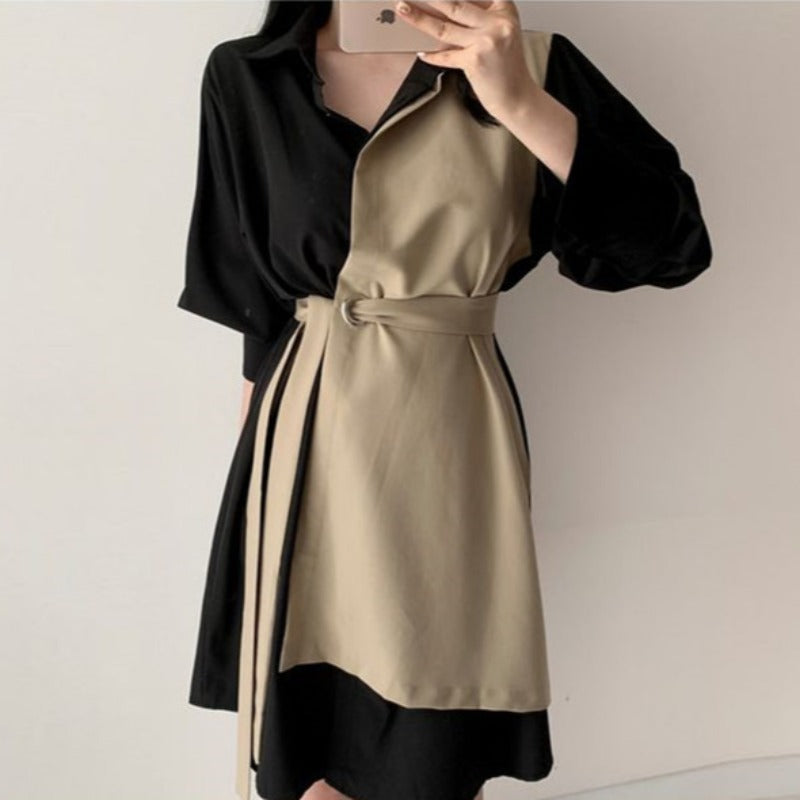 Robe Chemise Midi à Col Polo avec Nœud à la Taille et Revers pour Femme