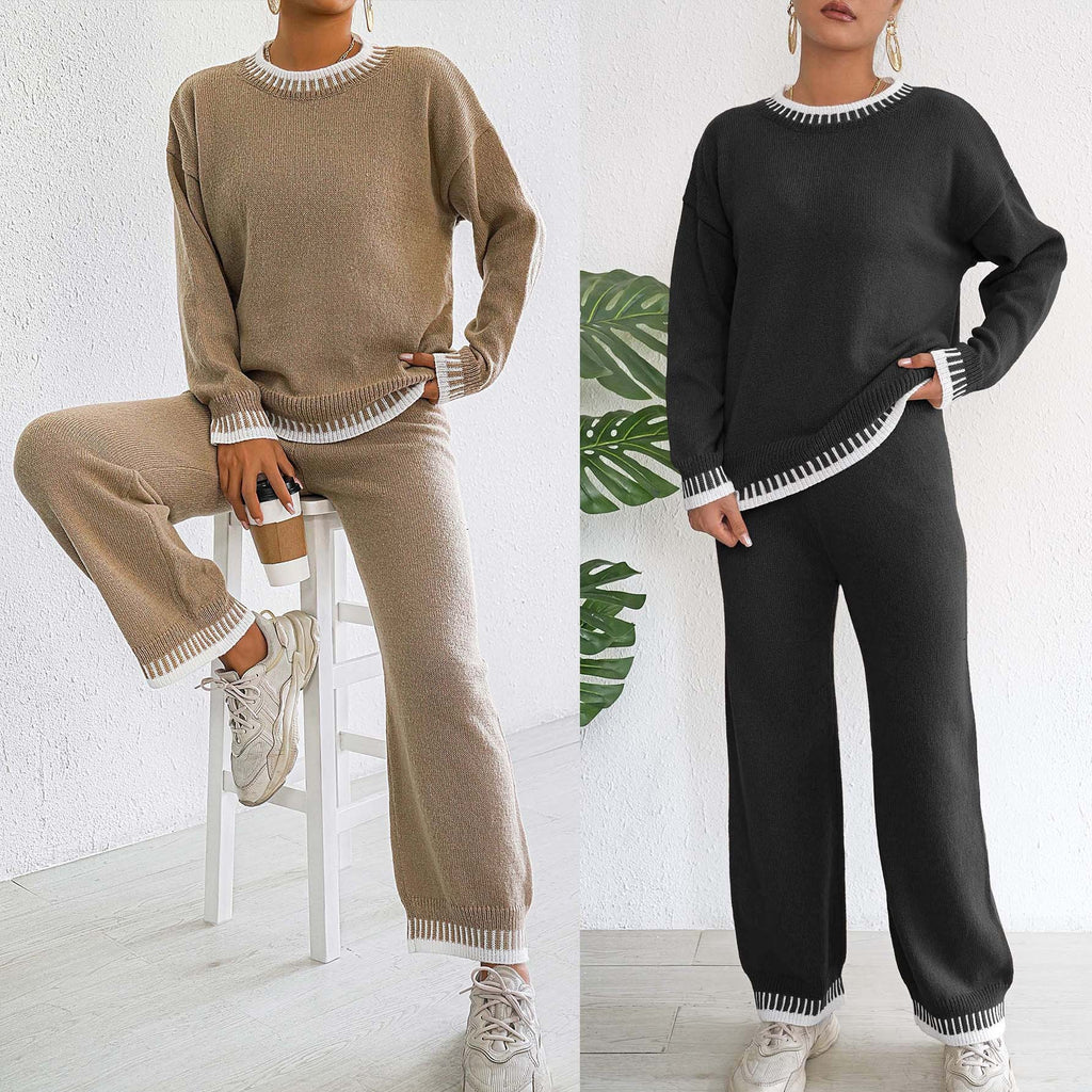 Women's Khaki & Black Woven Suit Pullover with Wide-Leg Pants