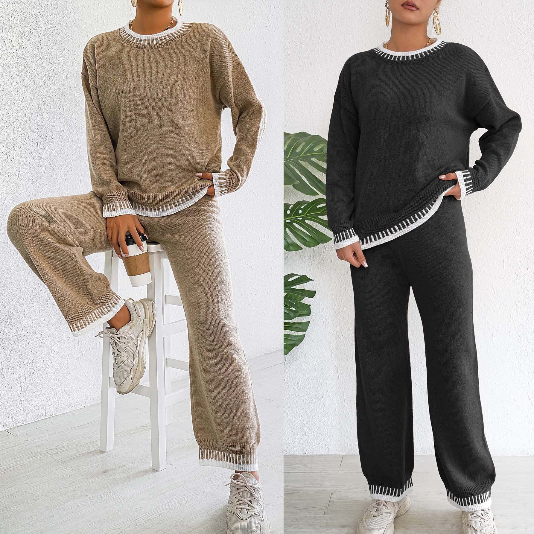 Women's Khaki & Black Woven Suit Pullover with Wide-Leg Pants